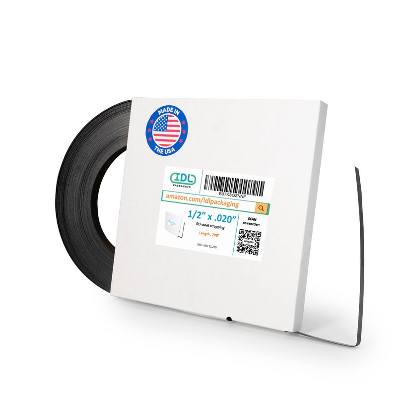 IDL Packaging 1/2" x .020" x 200' Steel Strapping Coil (1100 Lbs Break Strength) in Self-Dispensed Ð¡ardboard Box - Portable Strong Banding with Superior Cut-Resistance - Heavy Pallet Strapping - Image 1